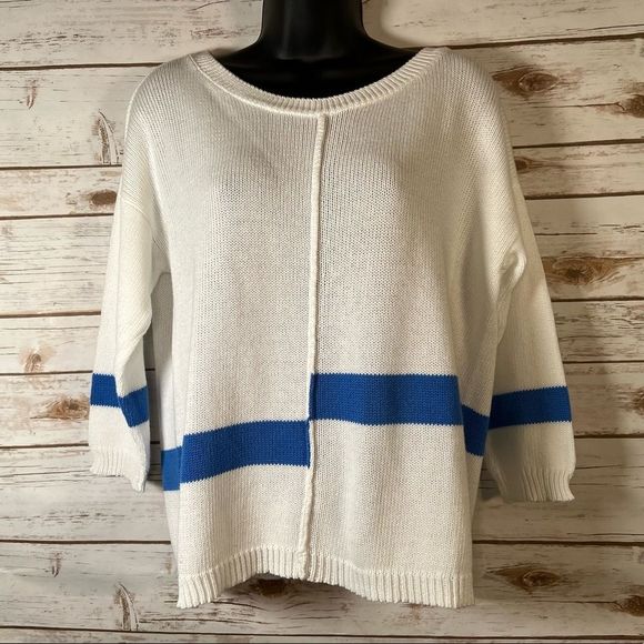 Parkhurst Sweaters - Parkhurst White With Blue Colour Blocking Pullover Sweater | Size Medium